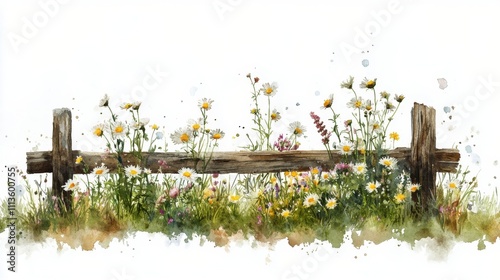 Colorful wildflowers blooming near a rustic wooden fence in a sunny field