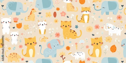 Wallpaper Mural Adorable seamless pattern featuring playful cats, elephants, and bears in a whimsical design, adorable, wildlife Torontodigital.ca