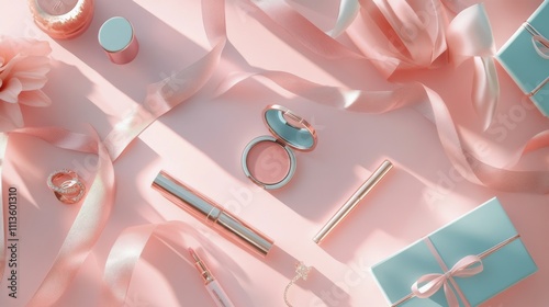 Luxurious beauty and cosmetics flat lay with pastel colors and elegant access...