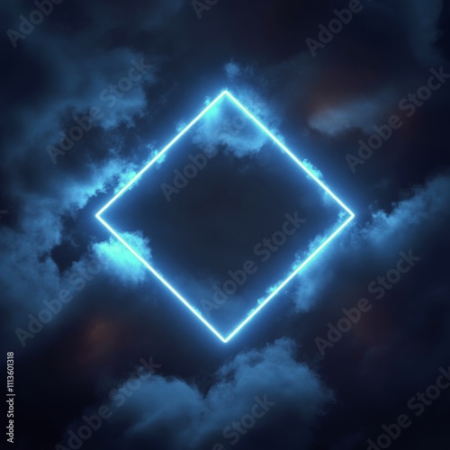 Bright blue diamond shape glowing in dark clouds at night