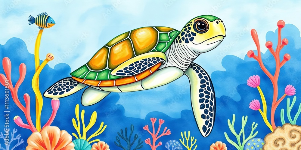 Fototapeta premium Adorable watercolor illustration of a turtle with vibrant colors for children's activities and educational materials, aquatic, cute