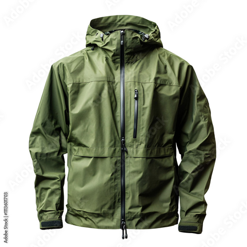 Men's green rain jacket isolated on white & transparent a background.