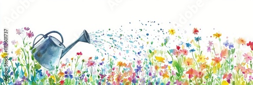 Watering flowers in a vibrant garden full of wild blooms and colors