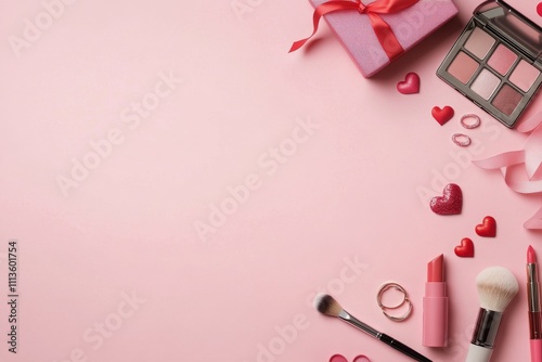 Makeup items arranged on a pink background for a beauty themed layout or display