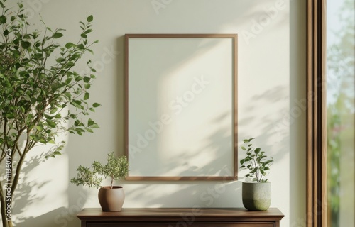 Modern minimalistic interior design with empty frame and houseplants in a bri...