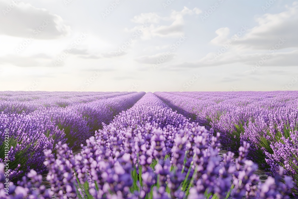 Naklejka premium A serene lavender field under a clear sky, showcasing nature's beauty.
