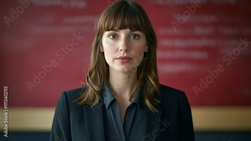 Young professional woman stands confidently in office setting against red bac...