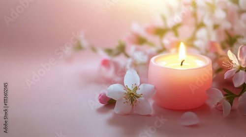 Delicate candle surrounded by blooming spring flowers on soft pink background