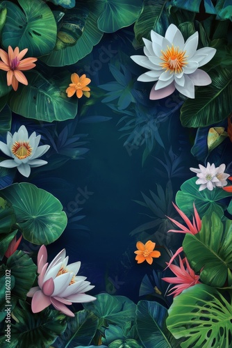 Colorful aquatic plants and flowers create a vibrant border in a tropical set...