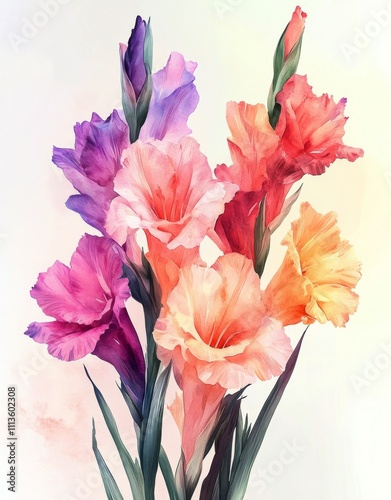Beautiful pastel gladiolus flowers arranged elegantly against a light background