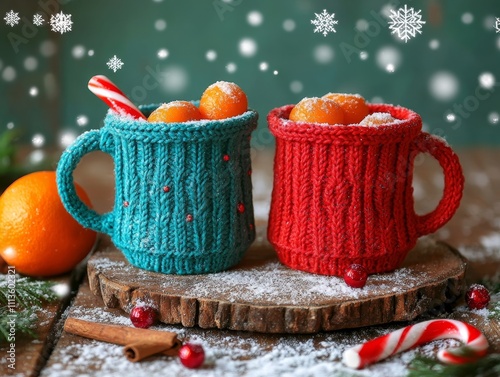 A warm and sentimental winter scene featuring knitted sweaters, cozy mugs of cocoa, soft lighting, and gentle snowfall, painted in a classic oil style with rich colors and detailed textures. photo