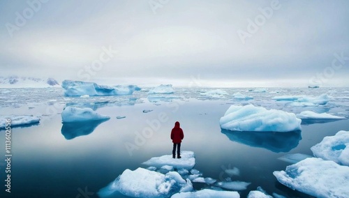 Stunning view of a person standing on melting ice in a remote arctic landscap...