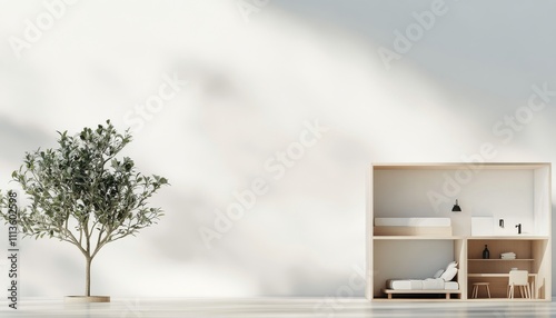 Modern architectural design featuring a minimalist living space and indoor tree