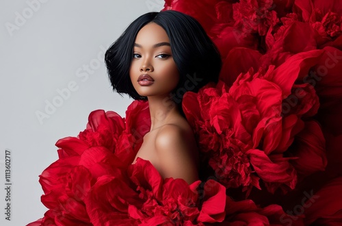 Stunning portrait of a model surrounded by vibrant red flowers in an artistic...