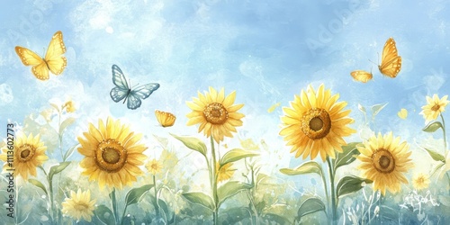 Colorful butterflies flying over a vibrant sunflower field under a clear sky