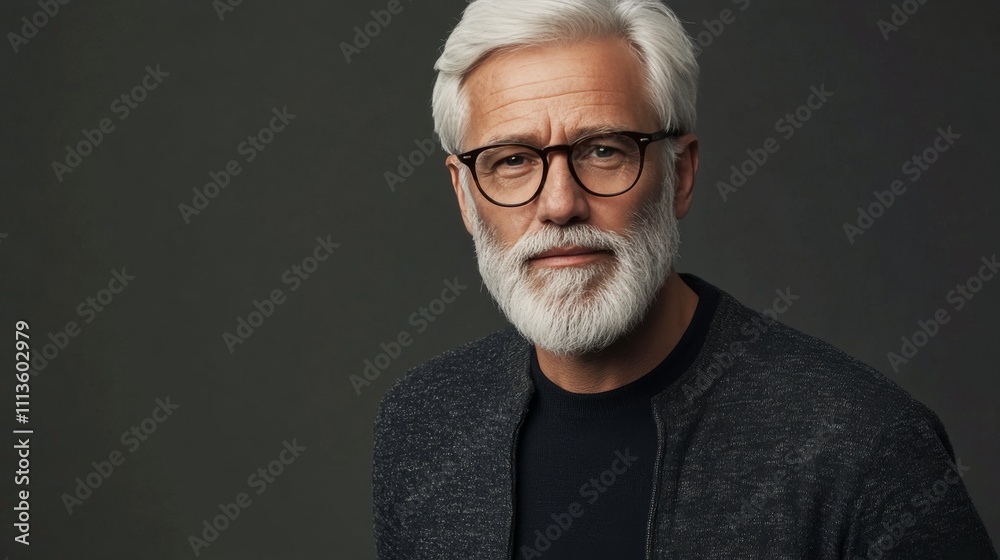 Fototapeta premium Elderly man with silver hair and beard smiles warmly against a neutral backdrop