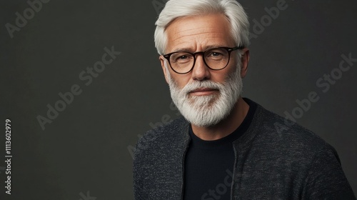 Elderly man with silver hair and beard smiles warmly against a neutral backdrop
