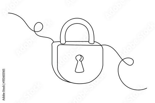 Lock continuous one line drawing of Isolated outline vector design black and white background 