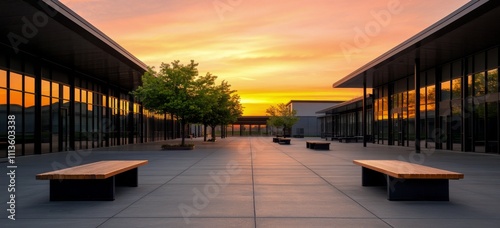 Sunset view at modern architecture with benches and trees in a tranquil setting