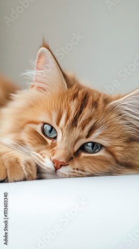 Fluffy cat with striking blue eyes relaxing indoors on a soft surface