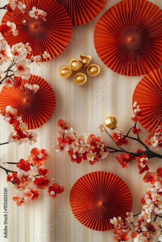 Decorative red paper fans and golden ornaments arranged with pink blossoms fo...
