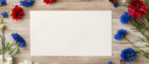 Blank paper surrounded by colorful flowers on a wooden surface during the day