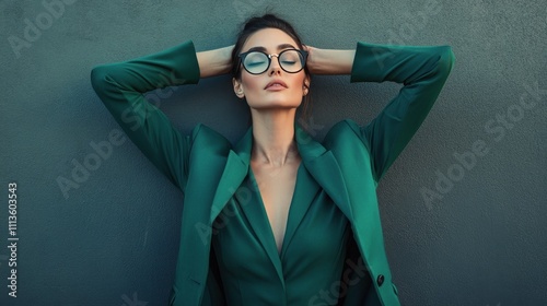 Woman in green blazer poses confidently against gray wall in urban setting