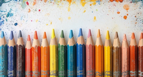 Vibrant colored pencils arranged neatly against a splattered paint background