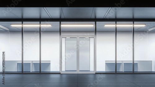 Modern glass entrance of a minimalist building in an urban environment during...