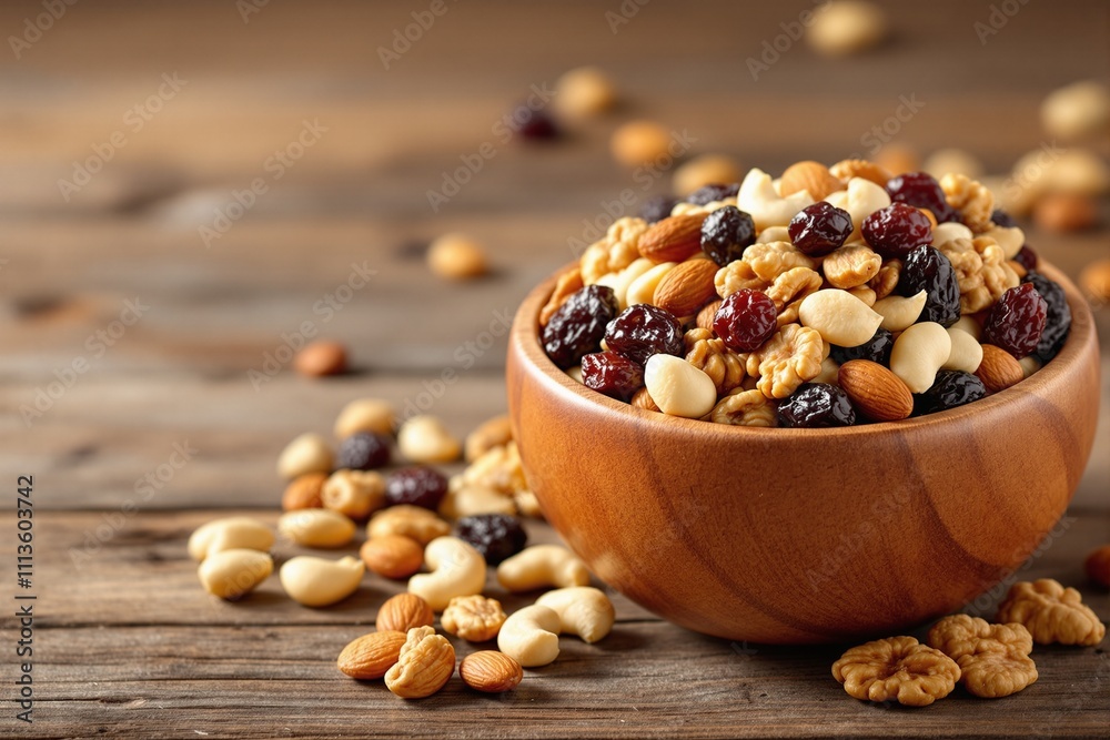 Nut and Dried Fruit Medley in Wooden Bowl on Rustic Table Nut and Dried Fruit Medley in Wooden Bowl on Rustic Table