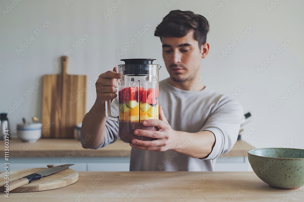 Man preparing a layered fruit smoothie in a blender Man preparing a layered fruit smoothie in a blender