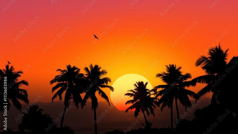 Tropical Sunset Paradise: Silhouette Palms, Golden Sky, Serene Beach, Perfect for Wall Art or Desktop Background Tropical Sunset Paradise: Silhouette Palms, Golden Sky, Serene Beach, Perfect for Wall Art or Desktop Background