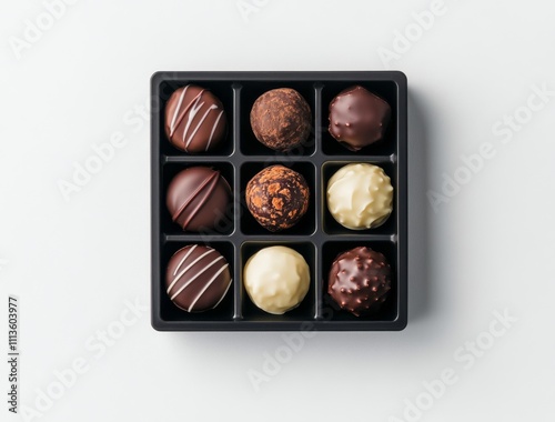 Assorted gourmet chocolate truffles arranged in a nine piece box on a clean s...