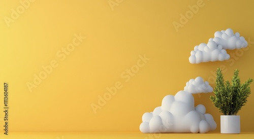 Decorative yellow wall with clouds and a plant in a pot creating a cheerful a...