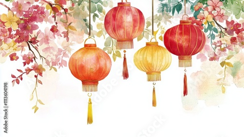 Colorful lanterns hang among blooming flowers, celebrating a festive atmosphe...