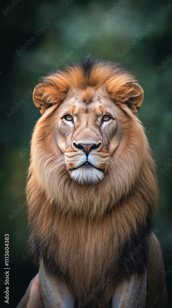 Majestic lion with a thick mane gazing directly at the camera in a lush green environment Majestic lion with a thick mane gazing directly at the camera in a lush green environment