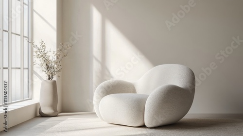 Modern cozy armchair in minimalistic interior with soft light and decorative ...