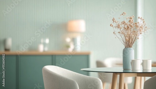 Modern indoor setting featuring a round table with decor and a vintage cabine...