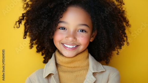 Young girl with curly hair smiling against a bright yellow background in a co...