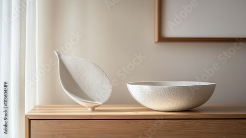 Elegant white bowl resting on wooden table illuminated by soft afternoon light