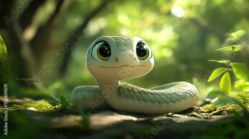 Adorable cartoon snake in forest. photo