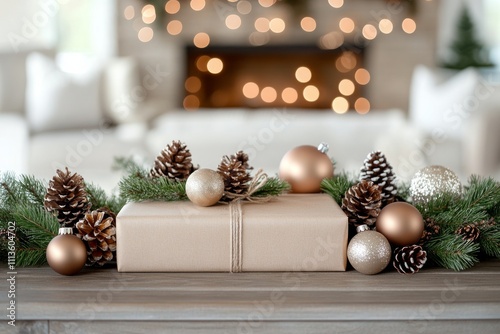 Holiday gift wrapped in brown paper with gold accents and ornaments on a fest...