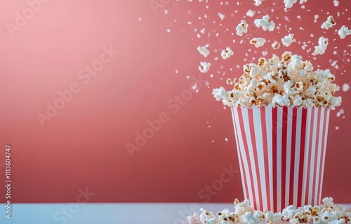 Freshly popped popcorn overflowing from a striped container on a pink background