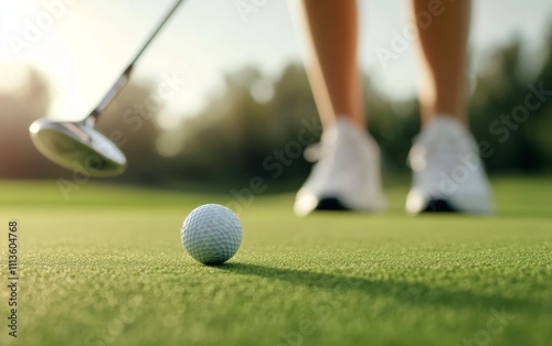 Golf player prepares to putt towards the hole during a sunset