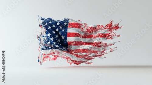 Abstract representation of an American flag in dynamic dispersion on a light ...