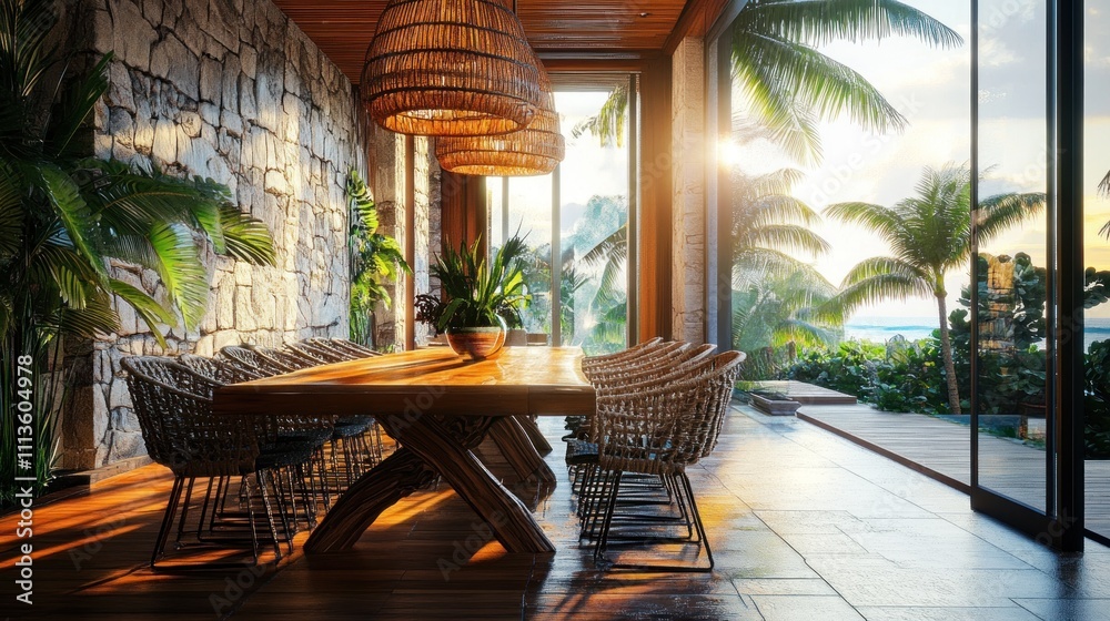 Fototapeta premium Tropical Dining Room With Ocean View And Woven Chairs