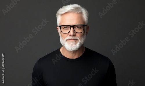 Senior man with gray hair and beard poses confidently against dark background