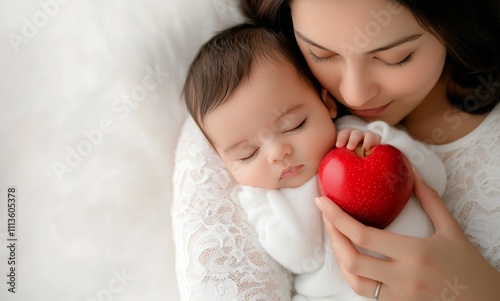Infant peacefully sleeping with a red heart in a serene setting