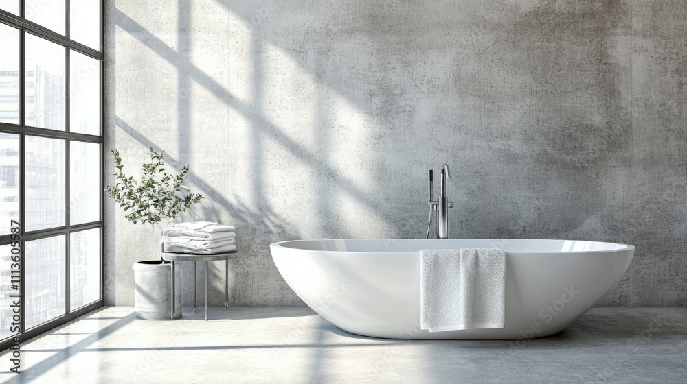 Modern minimalistic bathroom with white bathtub and natural light Modern minimalistic bathroom with white bathtub and natural light