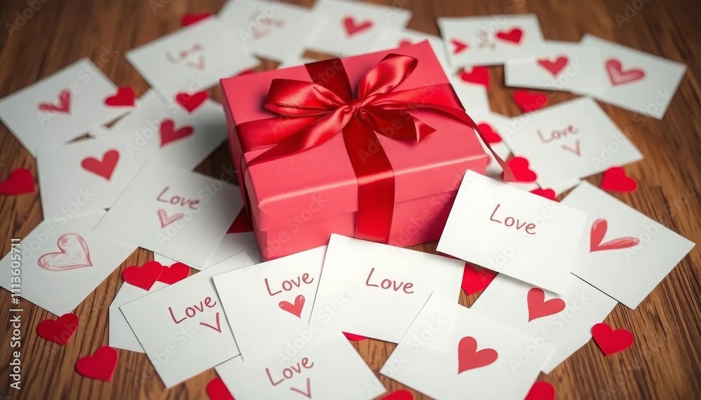 Red gift box with ribbon surrounded by love notes and hearts on wooden surface Red gift box with ribbon surrounded by love notes and hearts on wooden surface